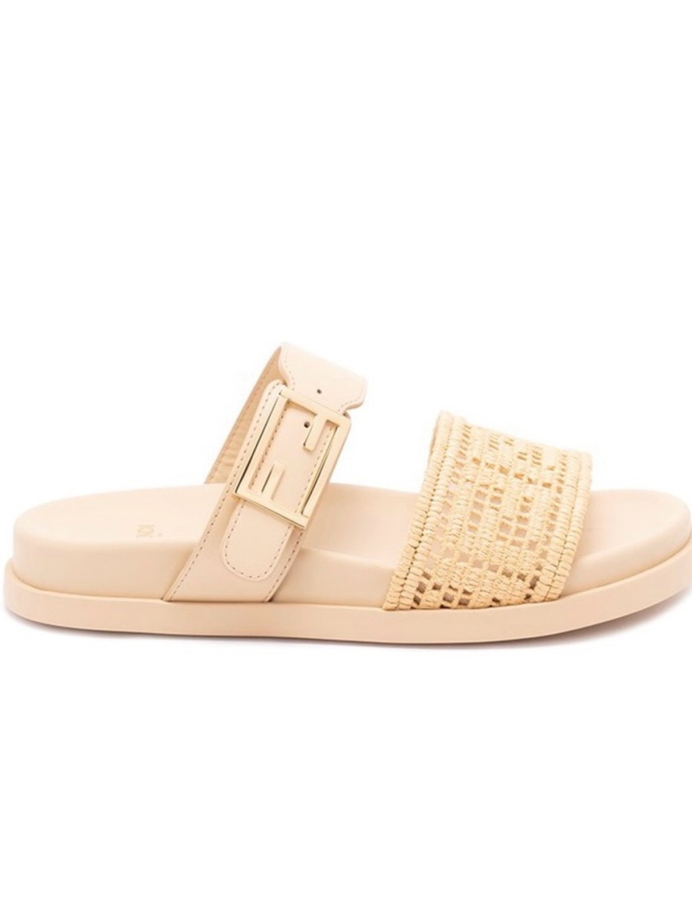 NEW Fendi Feel Cream Beige Leather & Raffia Sandals w/ FF Gold Logo - Size 38 - Picture 5 of 12
